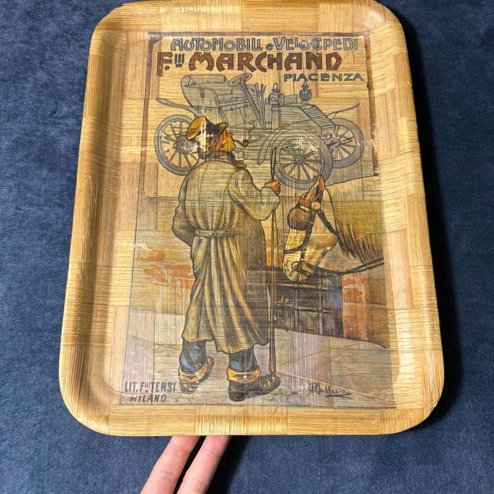 Vintage Automobili E Velocipedi F.lli Marchand Piacenza Woven Bamboo ServingTray